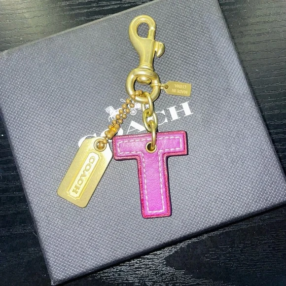 Coach Collector’s Letter "T" Charm - Two-Tone Saddle/Purple w/ two gold hangtags - Picture 1 of 9
